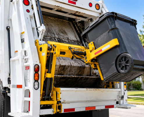 Rear load garbage truck tipper lifting a wheeled waste container into a refuse truck